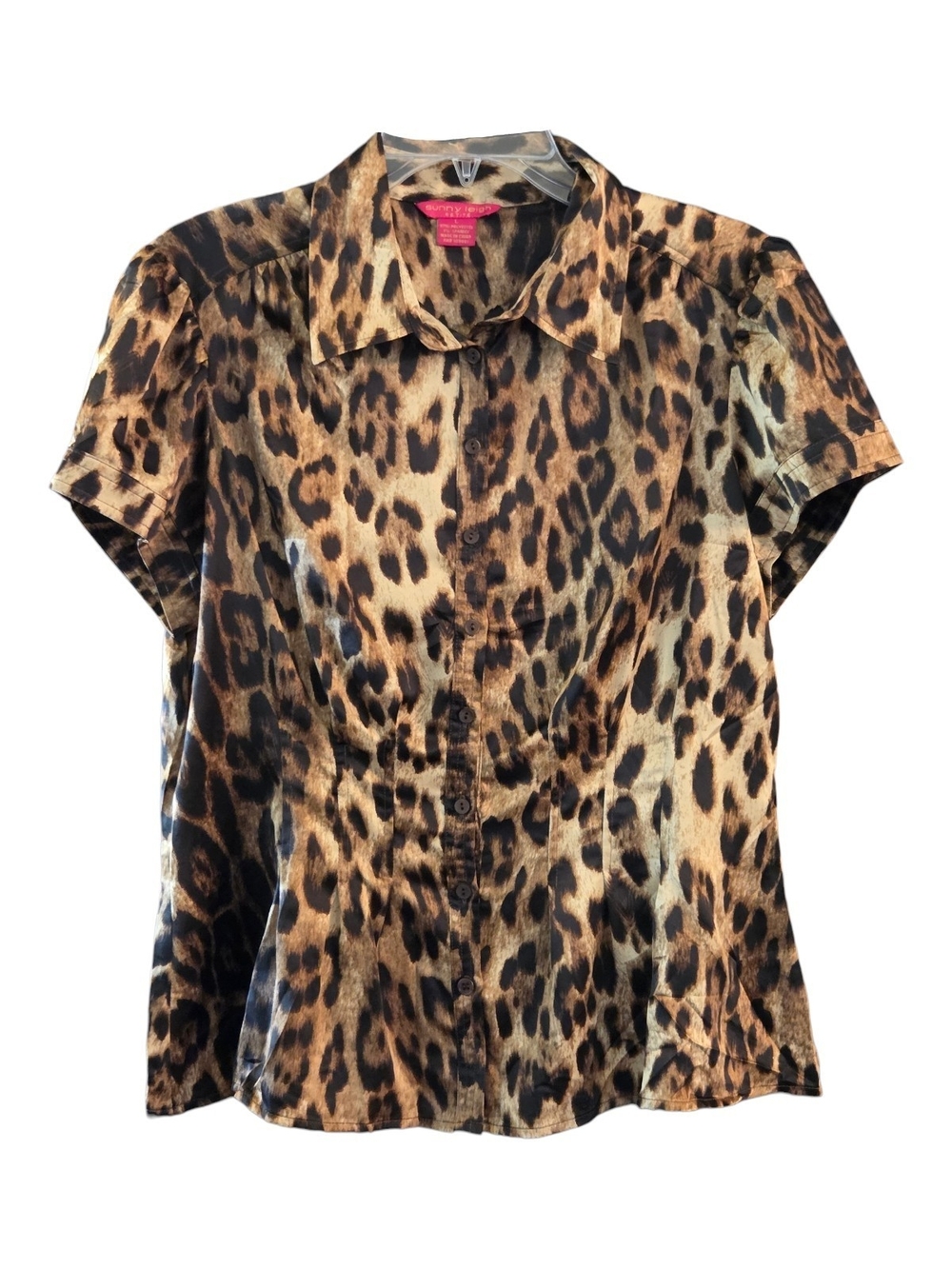 Sunny Leigh Leopard Print Short Sleeve Button-Down Blouse Satin Feel - Sz LP